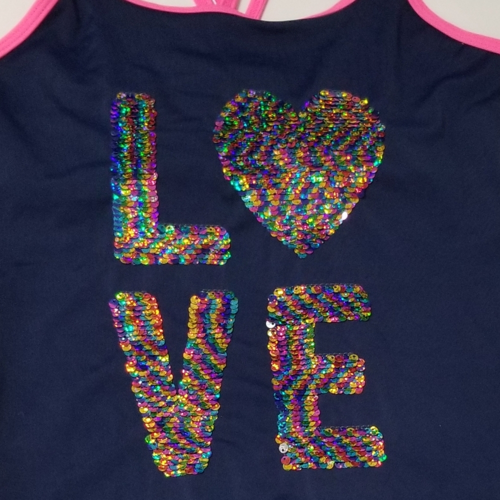 Justice Girls Navy 1pc Swimsuit with Reversible Rainbow Sequin LOVE Detail Sz 14 - Picture 5 of 12